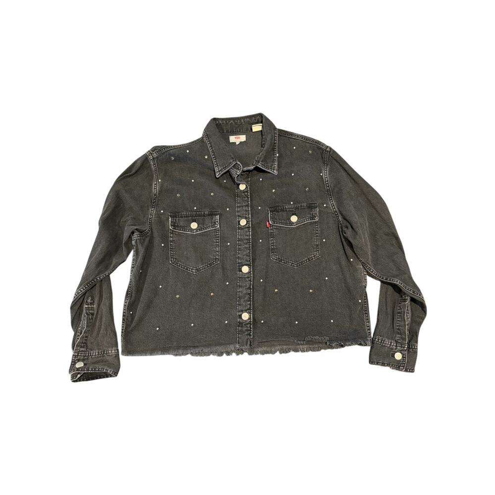 Levi’s Addison Studded Denim Jacket Women’s Small Washed Black Raw Hem Western - Picture 2 of 8